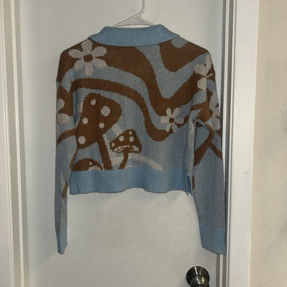 Derek Heart Blue Mushroom Button Pullover Retro Cropped Sweater Size Small - Picture 4 of 7